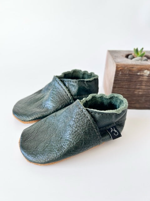 Forest Green Soft-Sole Leather Baby Shoes