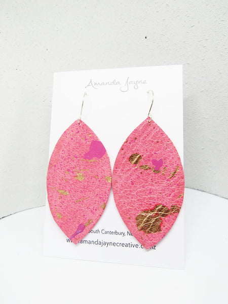 Pink, Hand Painted Leaf Leather Earrings